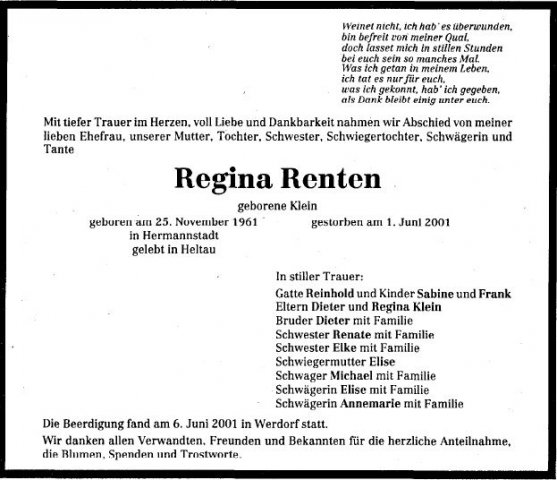 Klein Regina 1961-2001 Todesanzeige